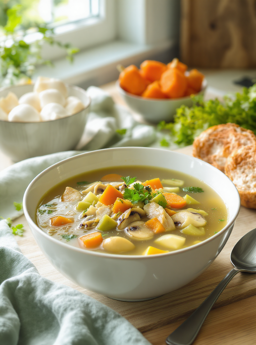 Công thức nấu ăn  Canh gà nấu nấm và rau củ
